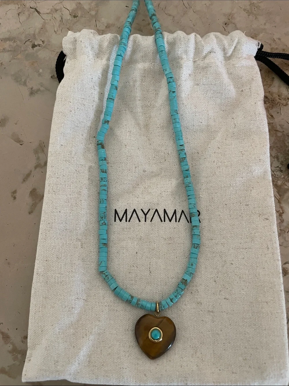 Mayamar Turquoise Beaded Necklace with Brown Heart Pendant